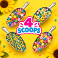 Four bead-filled silver metal scoops on a sunflower-yellow background, labeled 4 Scoops.