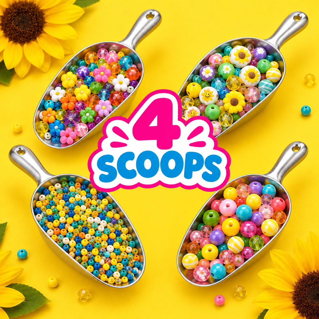Four bead-filled silver metal scoops on a sunflower-yellow background, labeled 4 Scoops.