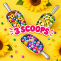 Three bead-filled silver metal scoops on a bright sunflower-yellow background with the label 3 Scoops.