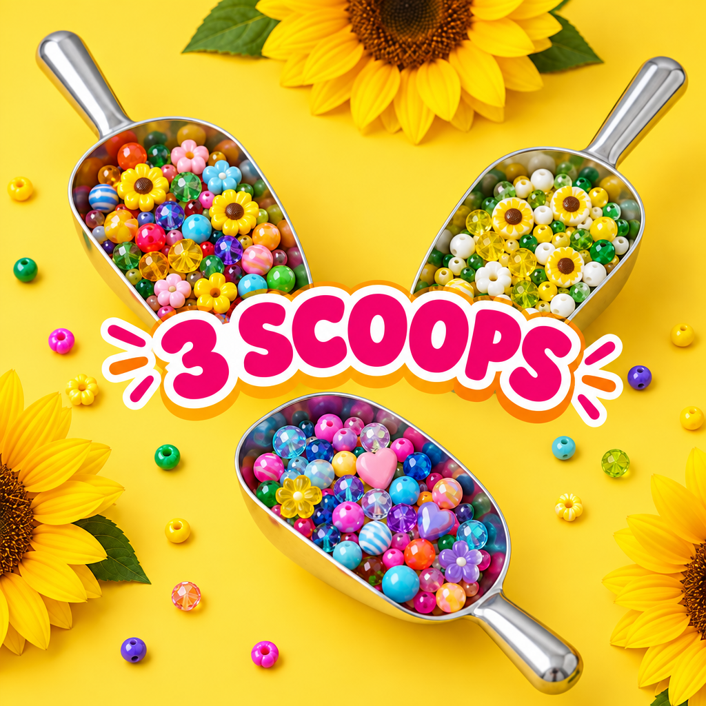 Three bead-filled silver metal scoops on a bright sunflower-yellow background with the label 3 Scoops.