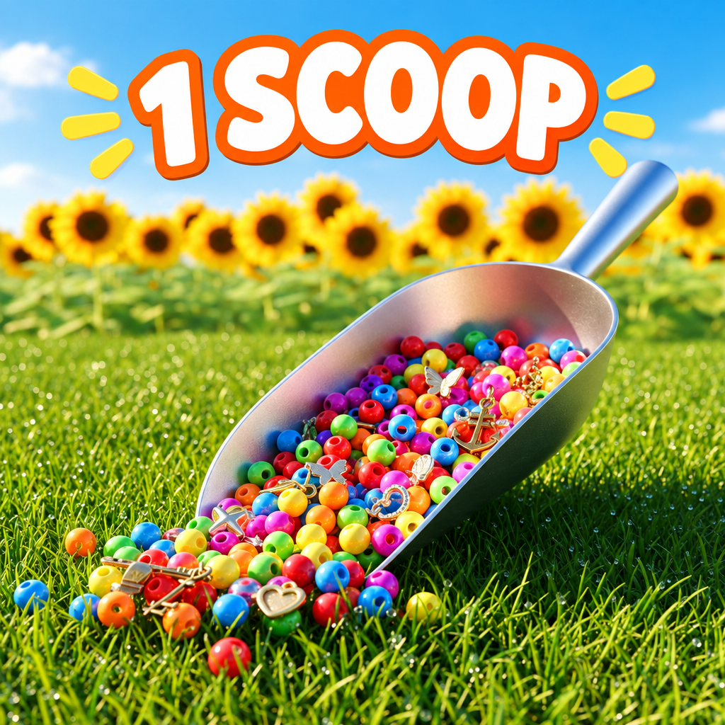 One bead-filled silver metal scoop on a sunflower-yellow background, labeled 1 Scoop.