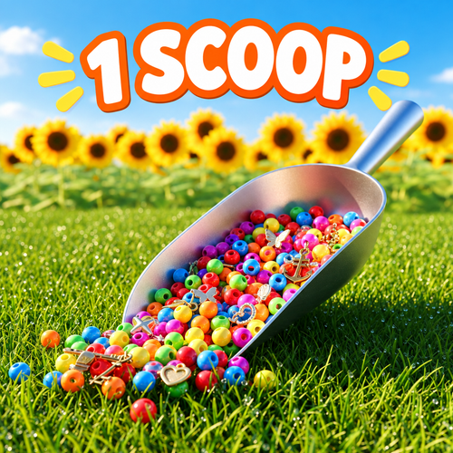 One bead-filled silver metal scoop on a sunflower-yellow background, labeled 1 Scoop.