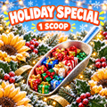 One bead-filled silver scoop holding tiny wrapped gifts with enlarged snowy holly, frosty sunflowers, lights, and HOLIDAY SPECIAL / 1 SCOOP lettering.