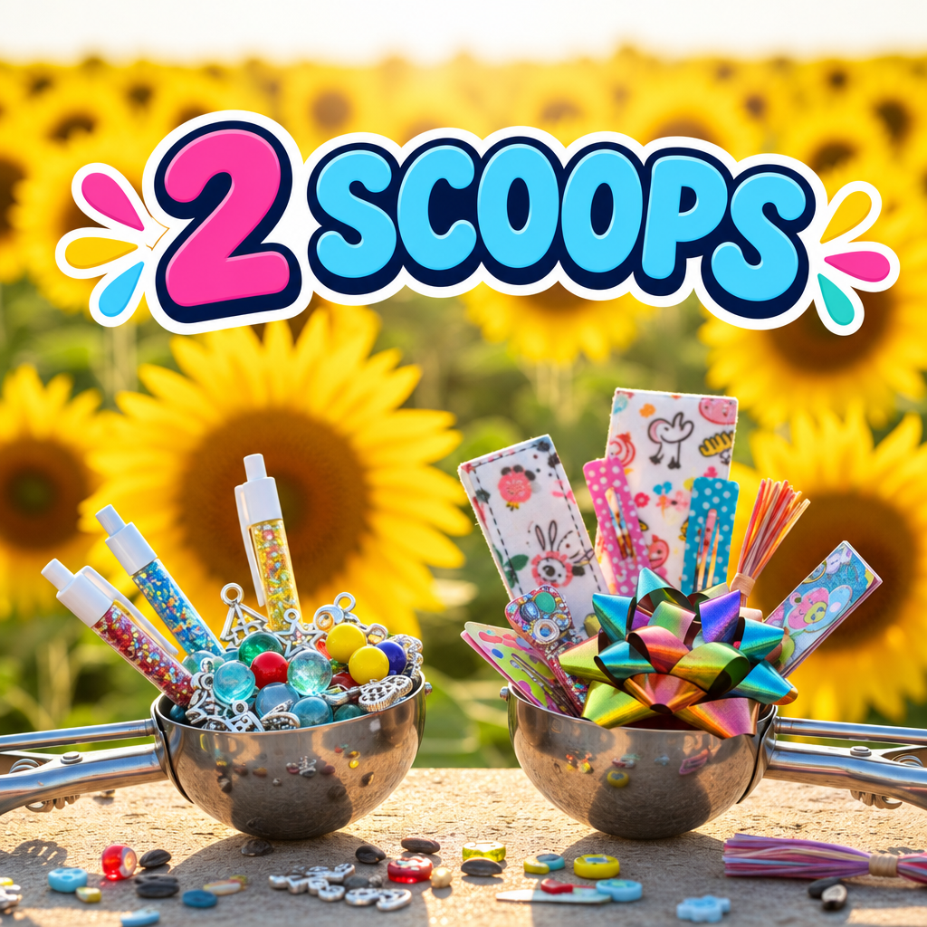 Two bead-filled silver metal scoops on a sunflower-yellow background, labeled 2 Scoops.