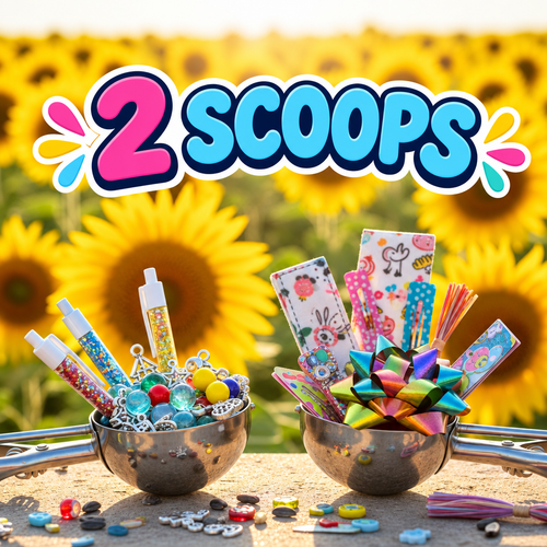 Two bead-filled silver metal scoops on a sunflower-yellow background, labeled 2 Scoops.