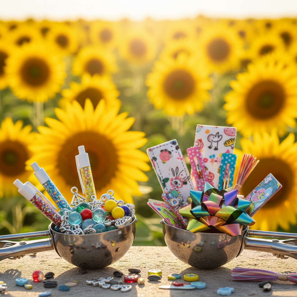 Two metal scoopers filled with colorful assorted beads and accessories on a sunflower background