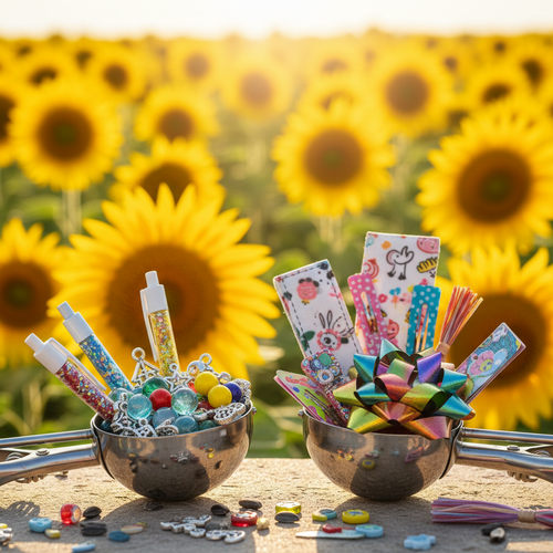 Two metal scoopers filled with colorful assorted beads and accessories on a sunflower background
